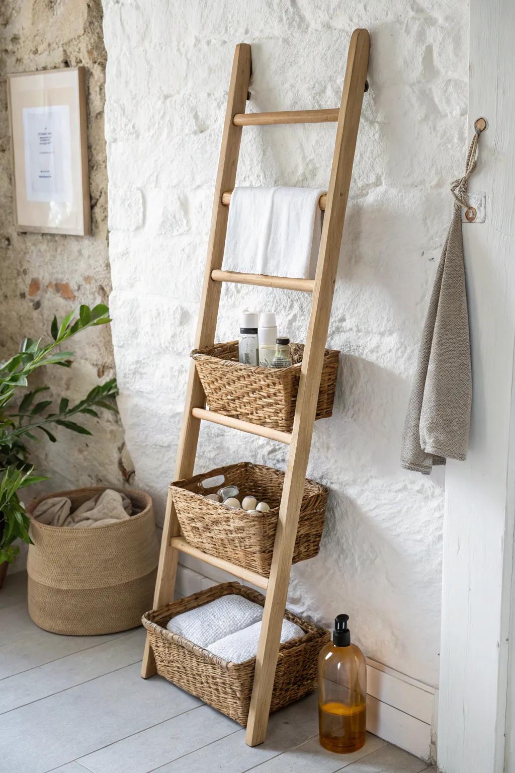 A decorative ladder with hanging baskets keeps mail, chargers, and skincare tucked away beautifully.