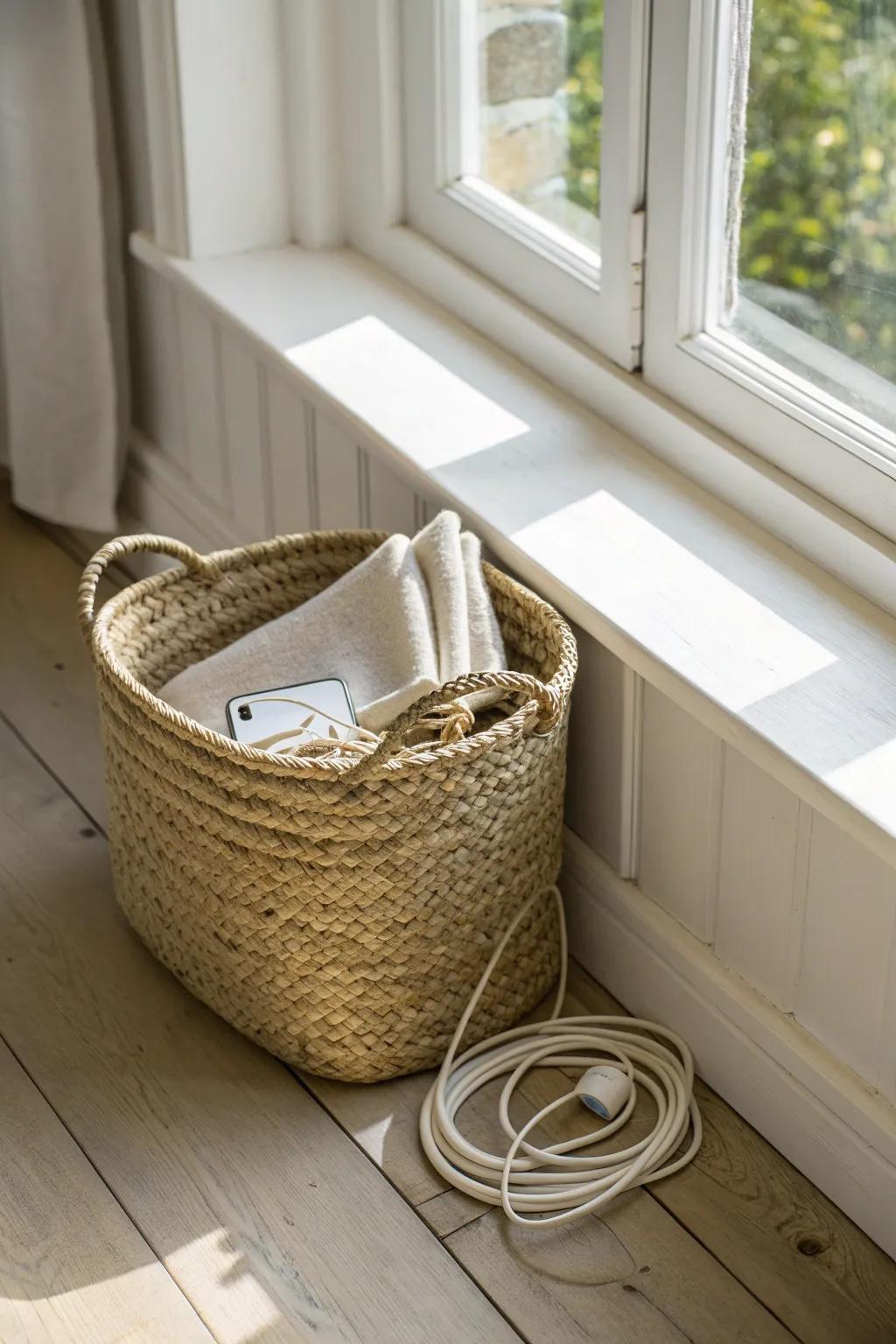 A woven basket tucked under a deep sill adds hidden storage without sacrificing style.