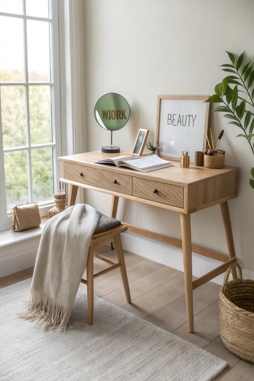 Drawer-heavy desk vanity: one drawer for work, one for beauty—everything disappears in seconds.