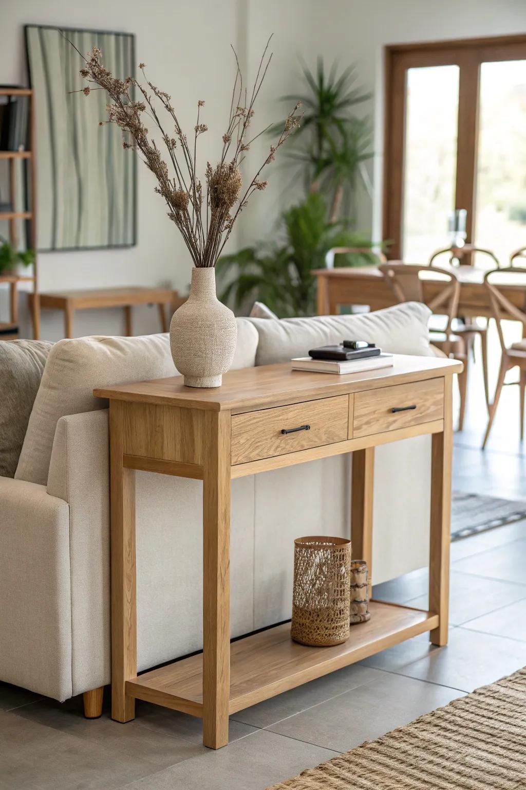 A slim desk behind the sofa creates a soft divider—zoning your space without blocking light.