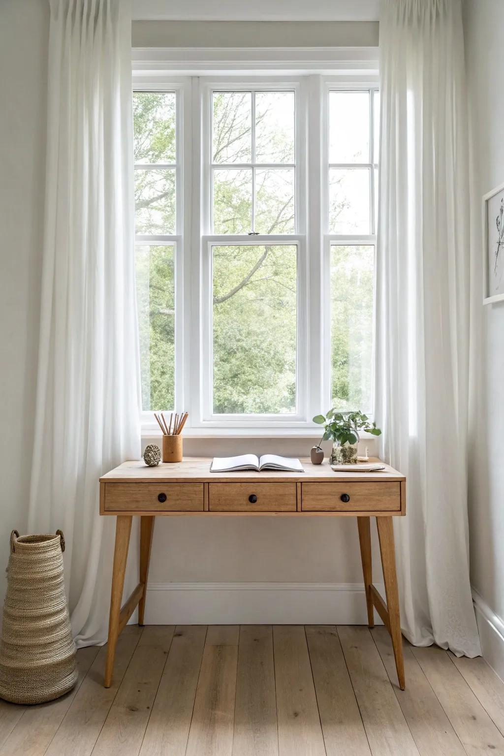 A slim oak desk nestled between two windows—bright, airy, and perfect for small living rooms.