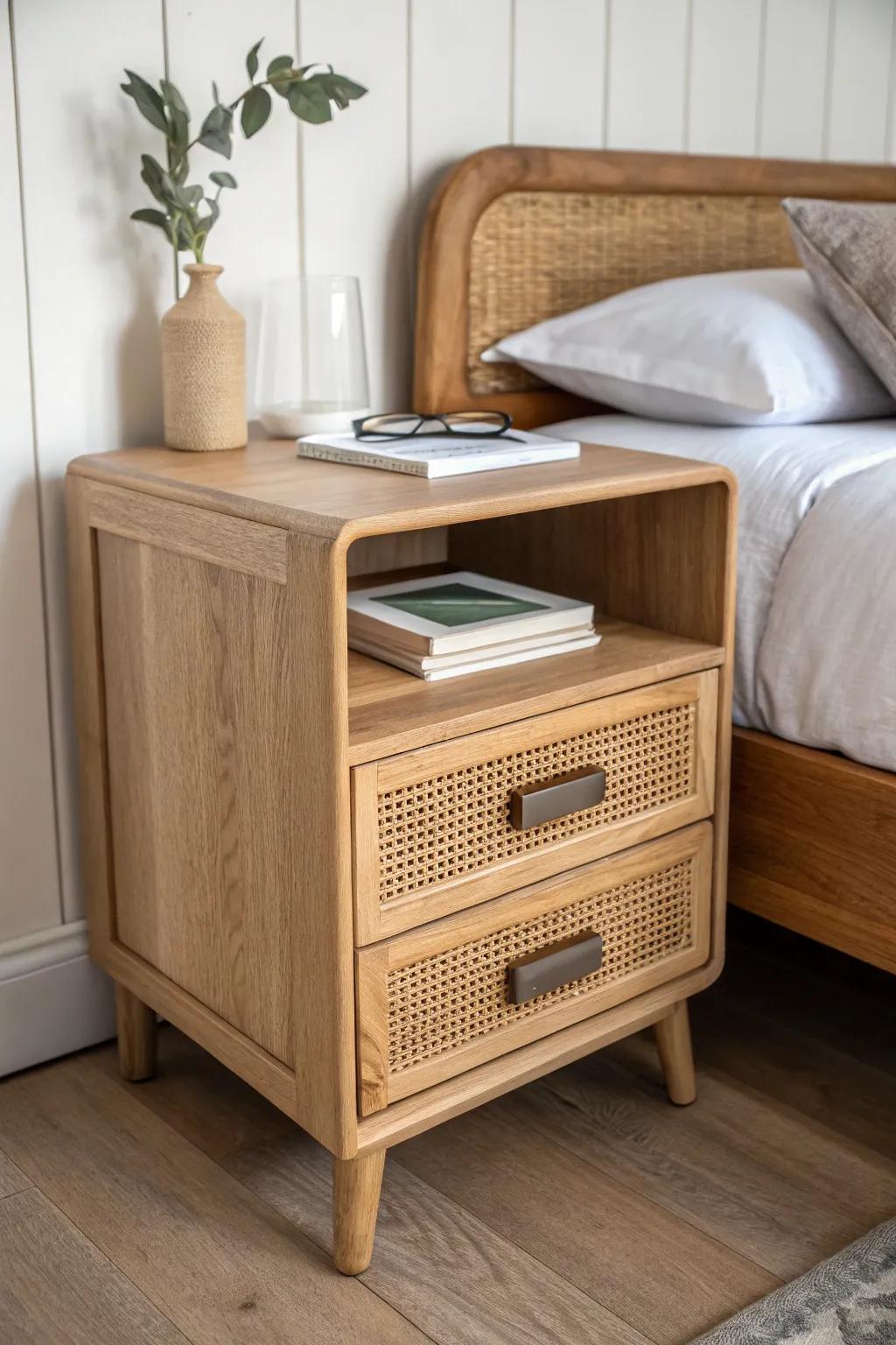 A slim drawer desk doubles as a nightstand—stash chargers and notebooks for a calm bedside.