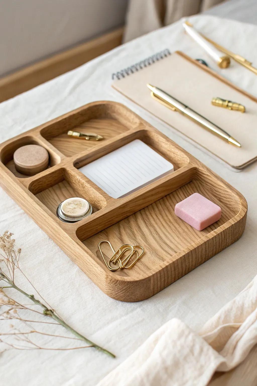 Top-five desktop rule: one beautiful tray keeps essentials close and your workspace airy.