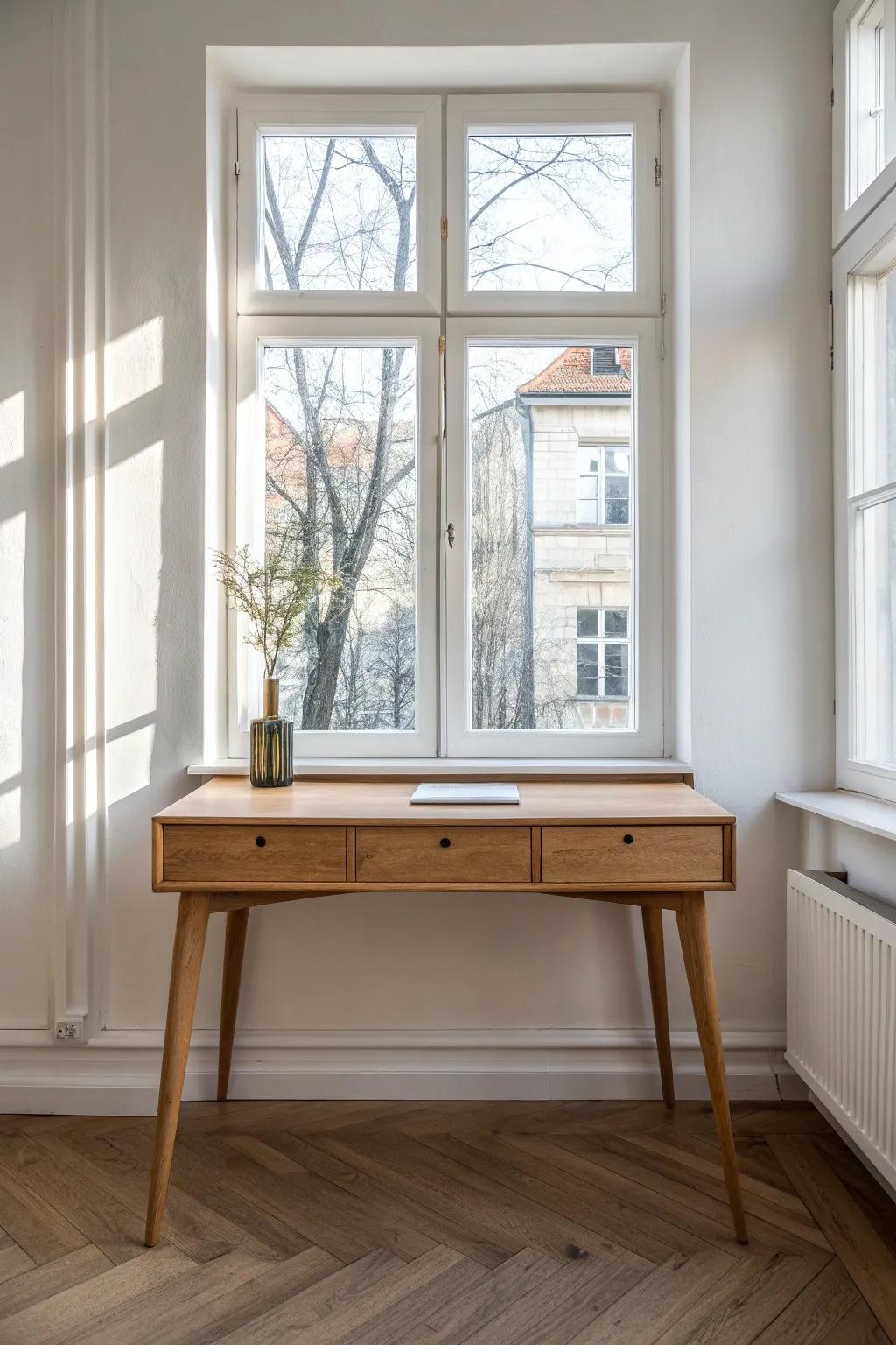 A slim oak desk fits perfectly between two windows—bright, balanced, and made for small spaces.