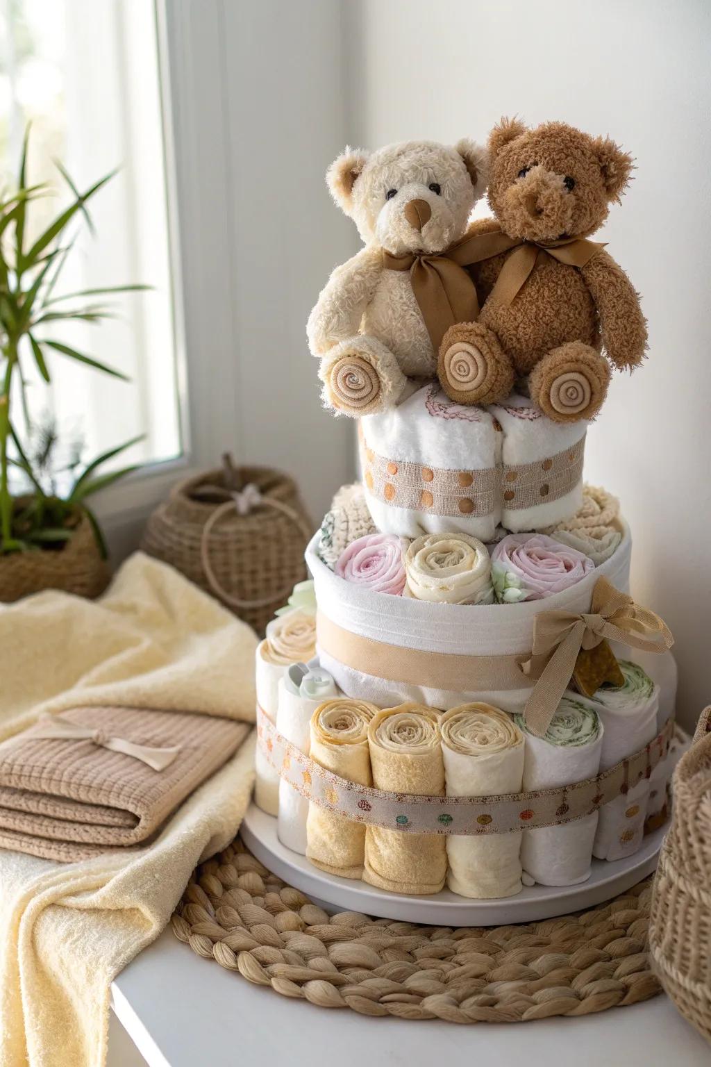 Embrace the warmth of twin bear hugs with this charming diaper cake, perfect for a minimalist nursery.