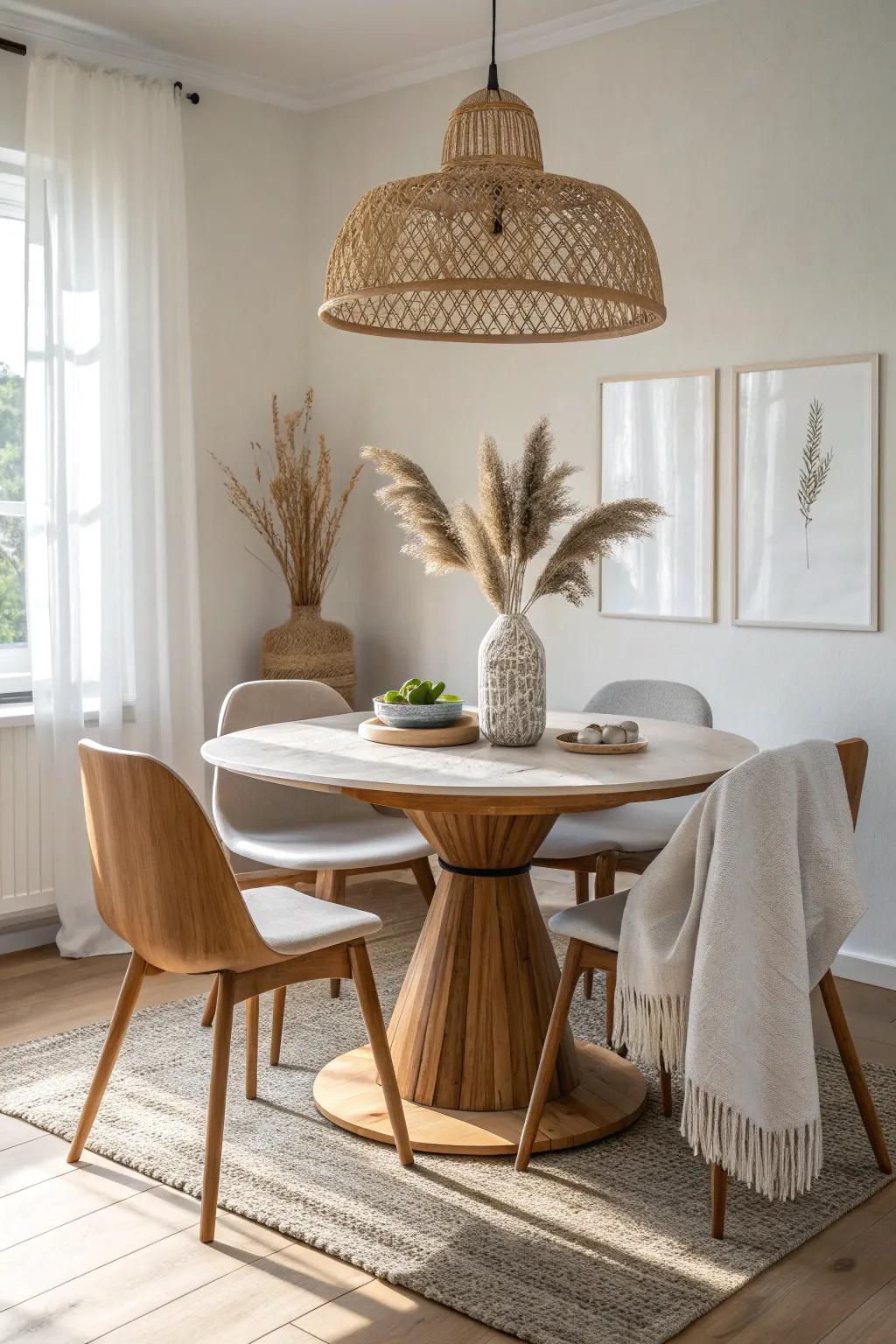 A round table with four chairs turns a tight dining nook into an easy conversation lounge.