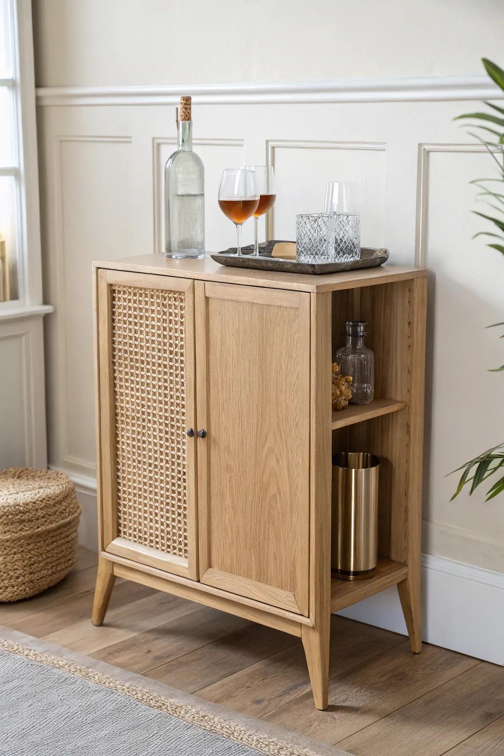 A compact beverage station keeps bottles, glasses, and tools organized in a small dining room.