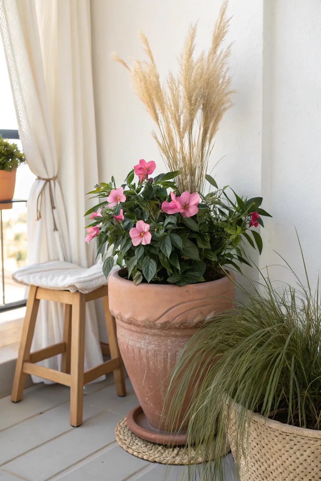 Dipladenia + ornamental grass in one pot—airy movement and blooms for small-space charm.