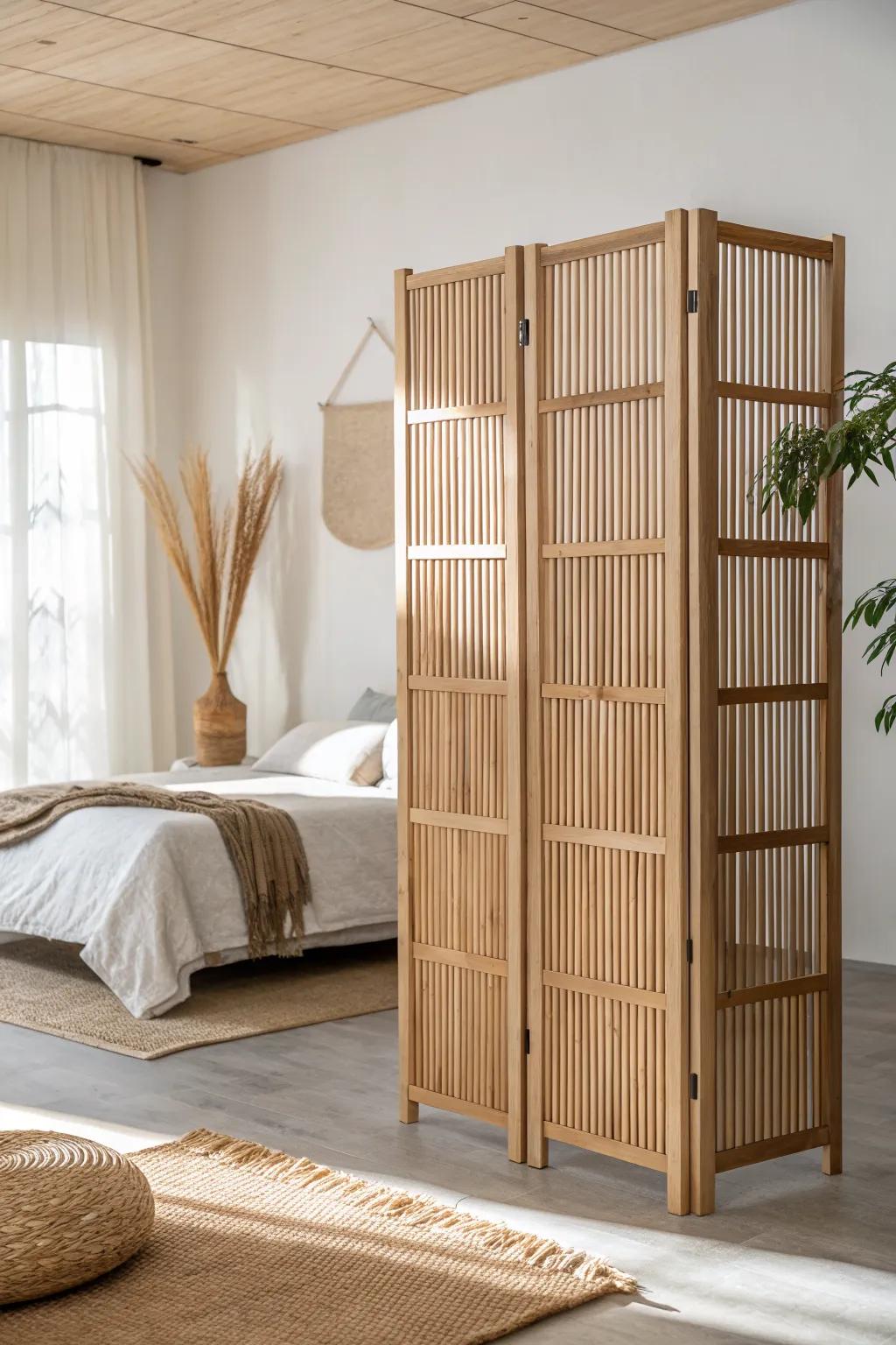 Light oak slat divider that splits your bedroom zones while keeping the space bright and airy.
