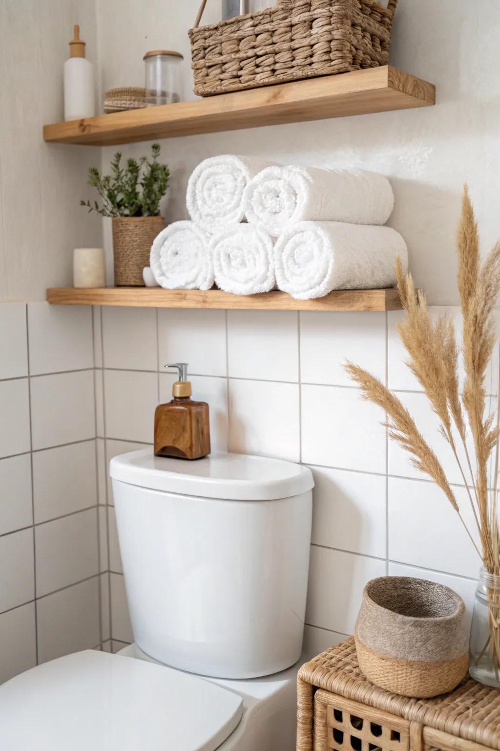 Budget-friendly floating shelves above the toilet for a spa-like look in the smallest bathroom.