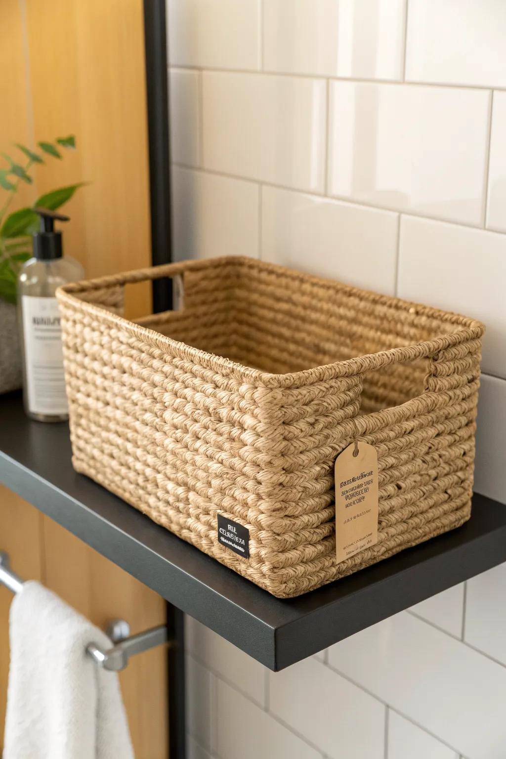 A woven basket + simple label turns bathroom shelf clutter into calm, decor-like storage.