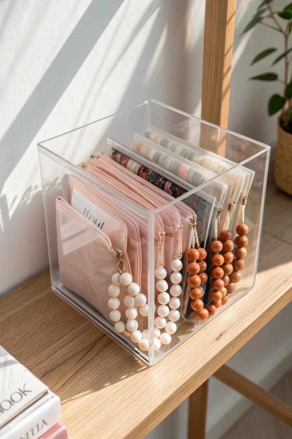 Clear bin + upright zip pouches create a tidy bead file system that fits small shelves.