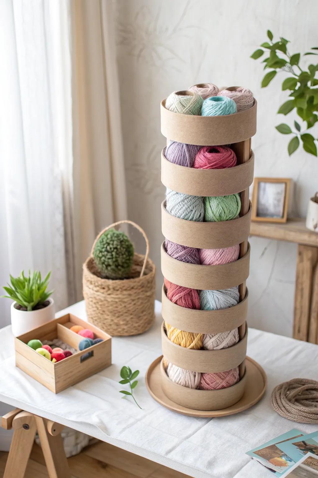 Elevate your craft corner with this DIY circular storage tower that beautifully blends function and style.