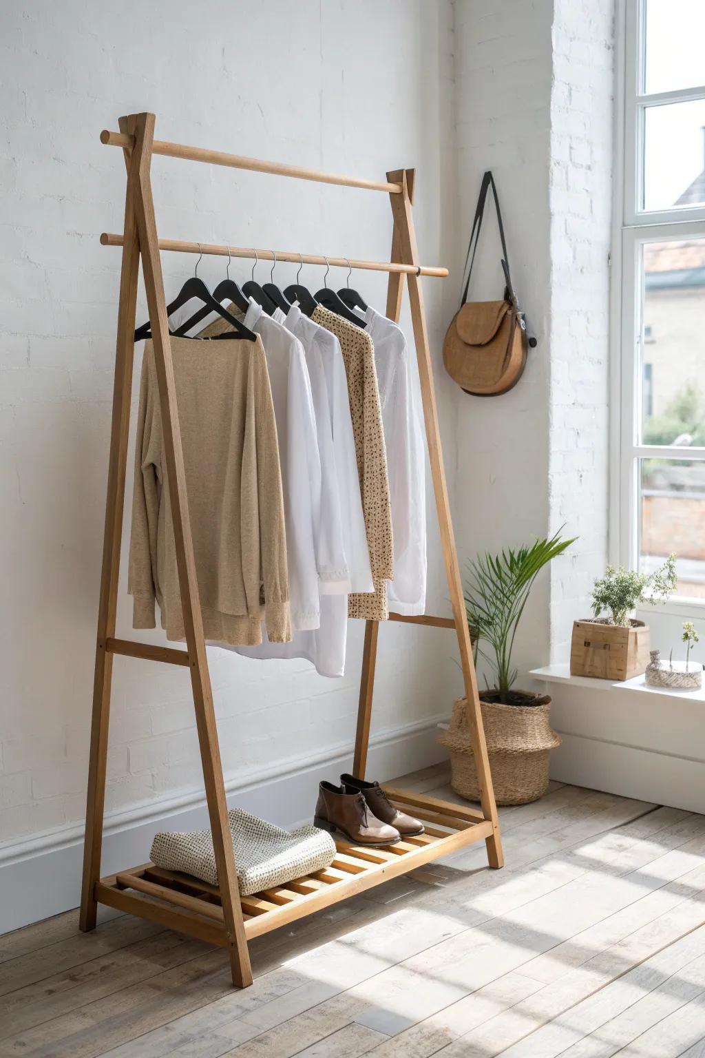 Double-hang DIY rack: twice the space, clean lines, and a calm capsule-wardrobe look.