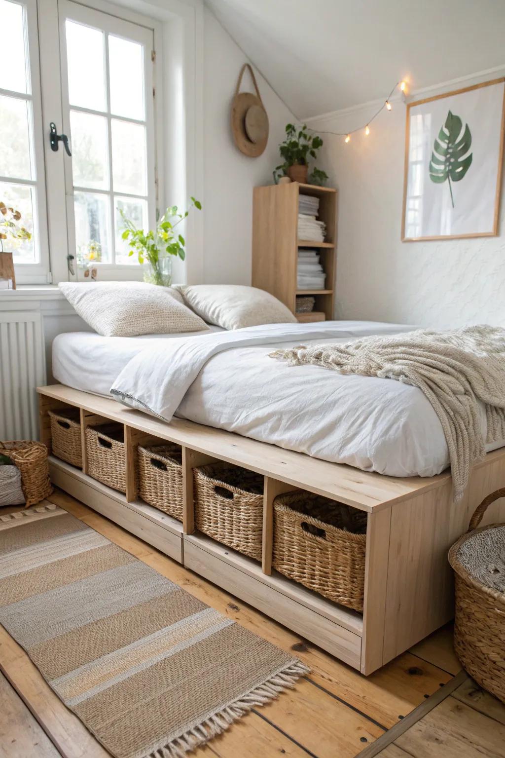 DIY corner storage platform bed—clean lines, woven baskets, and dresser-free small-space calm.