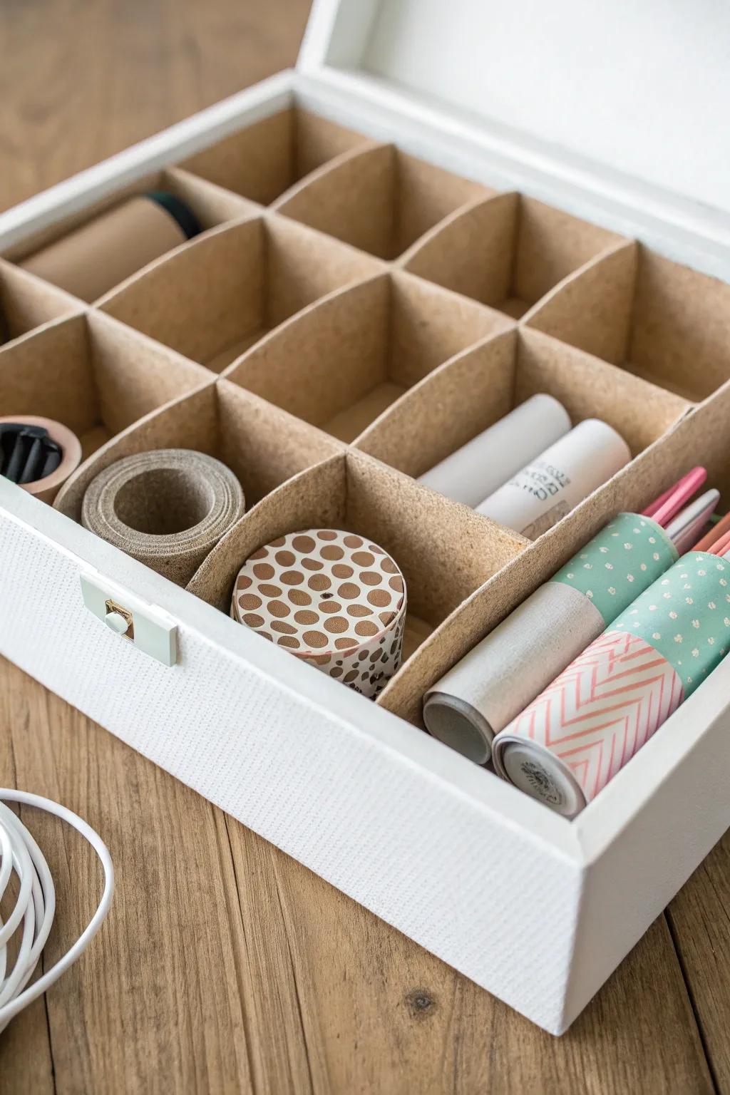 Cardboard roll grid insert: a pretty, small-space desk organizer made from paper towel tubes.