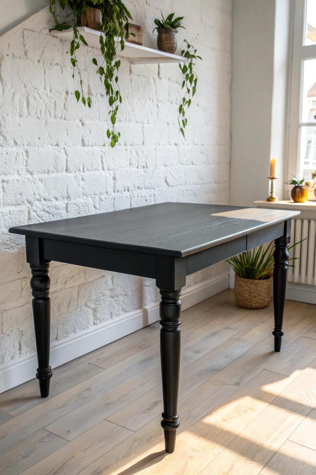 Go full matte black for a modern dining table makeover that pops against light walls.