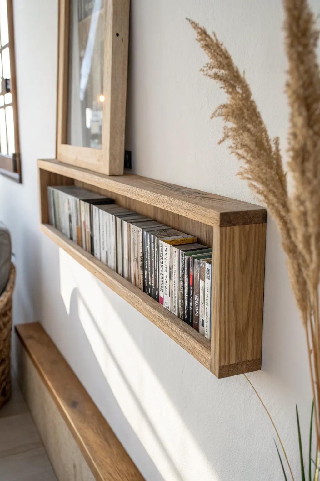 A super-slim oak DVD ledge behind the sofa—bonus storage that disappears into the wall.