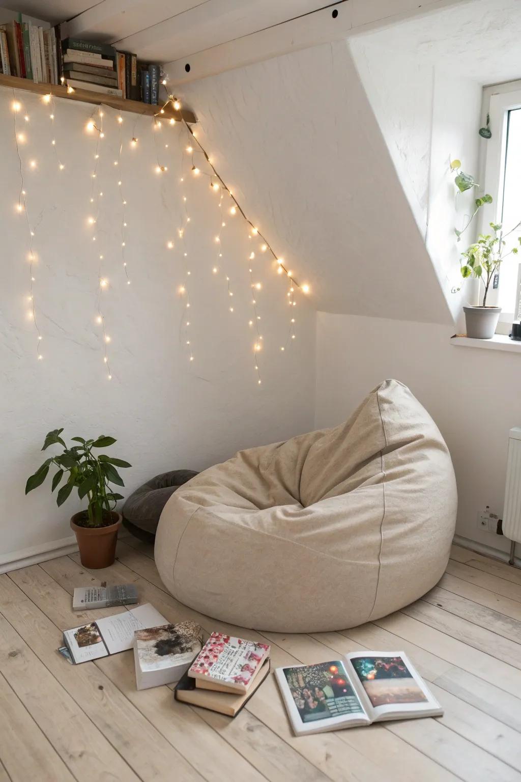 Discover tranquility in a cozy reading nook, where minimalism meets bohemian warmth.