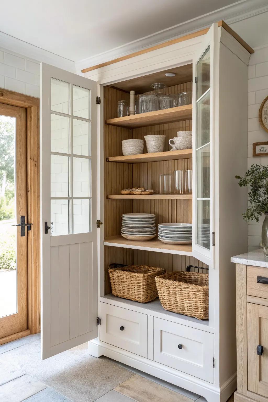 A simple beadboard back instantly elevates a DIY kitchen hutch—bright, charming, and timeless.