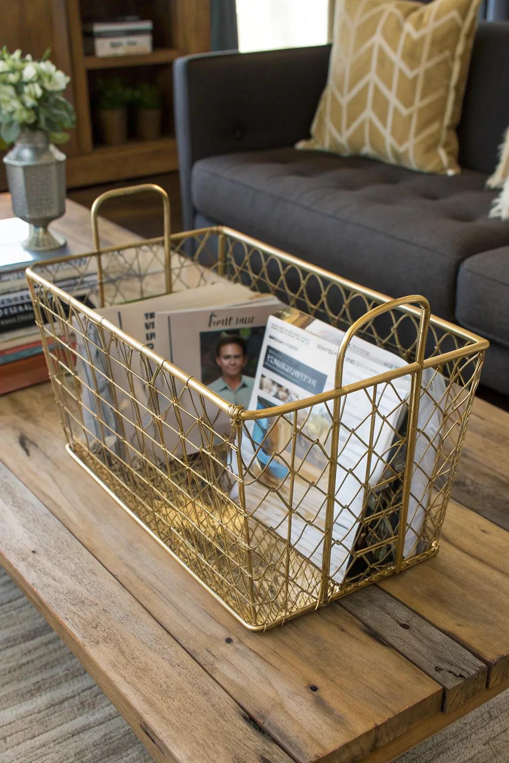 Elevate your space with this stunning DIY metal basket magazine rack, where craftsmanship meets elegance.