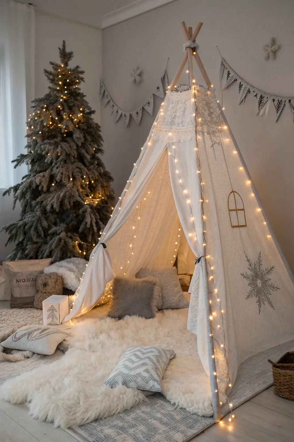 Transform your sleepover into a magical winter wonderland with this minimalist tent setup!