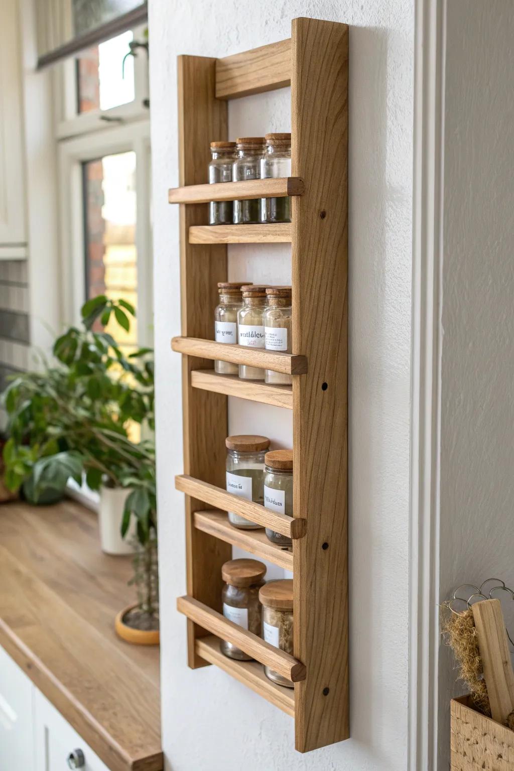 A tall, skinny DIY wood spice rack that turns a 5-inch wall sliver into storage.
