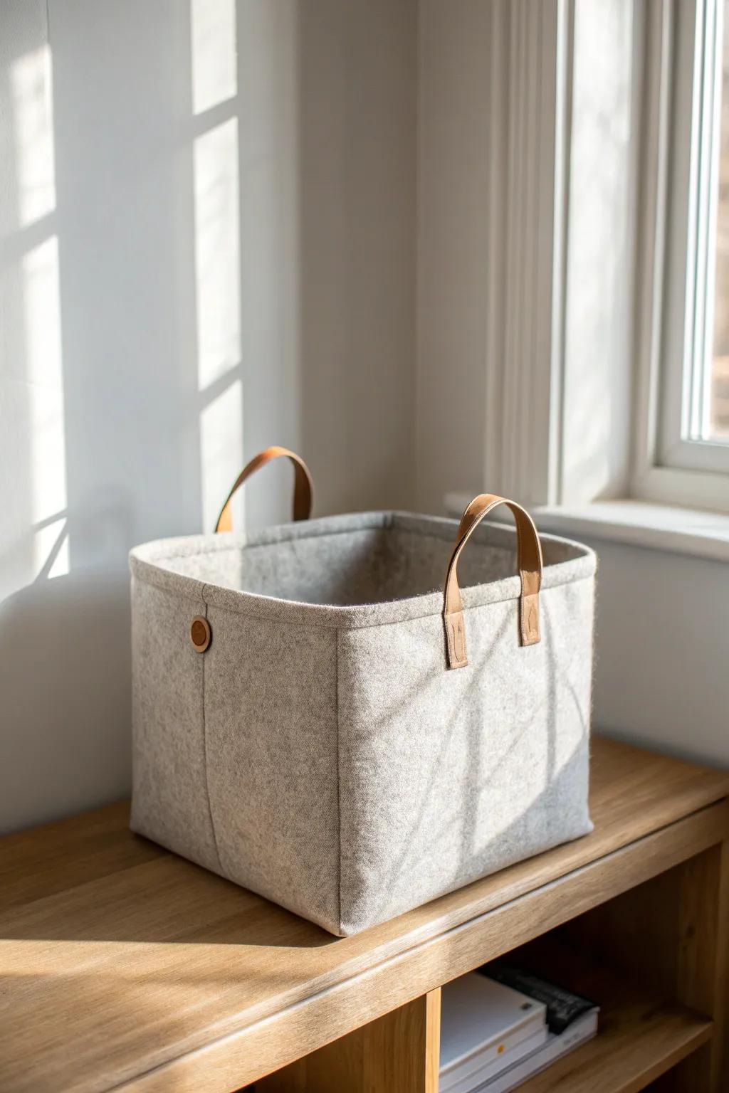 Soft felt cube basket for cubbies—minimal, sturdy, and perfect for hiding small clutter.