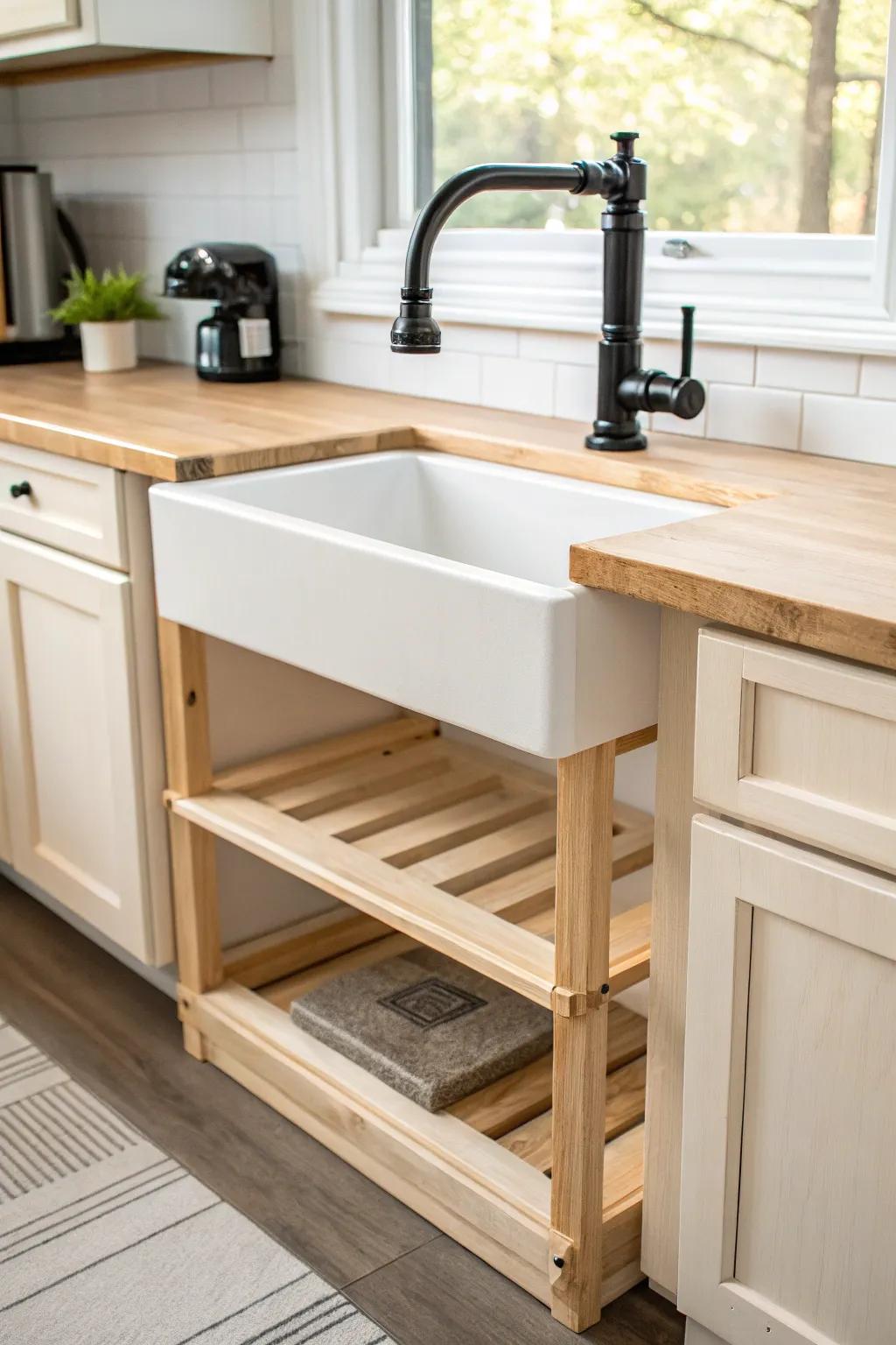 DIY two-level under-sink shelf riser, neatly notched around the P-trap to double storage space.