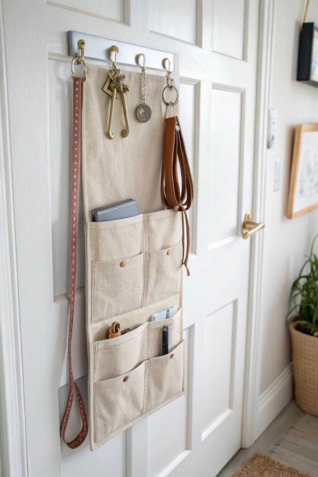 Over-the-door pocket organizer keeps leashes and refill rolls tidy—no drilling, no clutter.