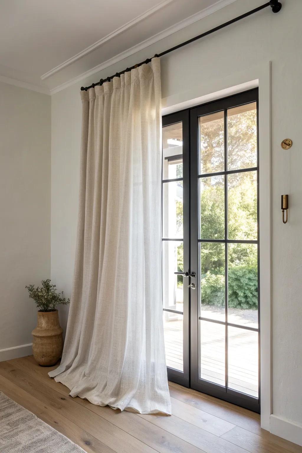 A sheer linen panel softens door light—bright, airy daytime privacy for small spaces.