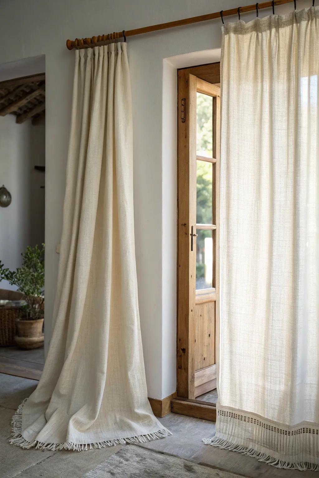 A linen doorway curtain creates an instant studio room divider—airy open, private when closed.