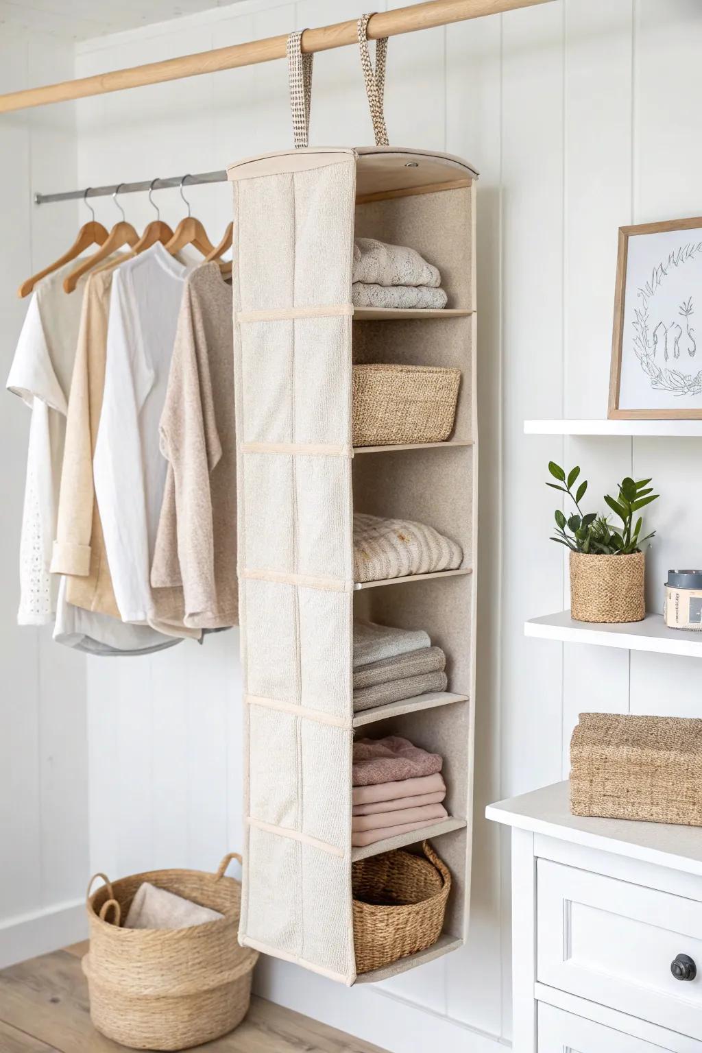 Hang linen shelves + switch to slim hangers to instantly double dorm closet space with vertical layers.