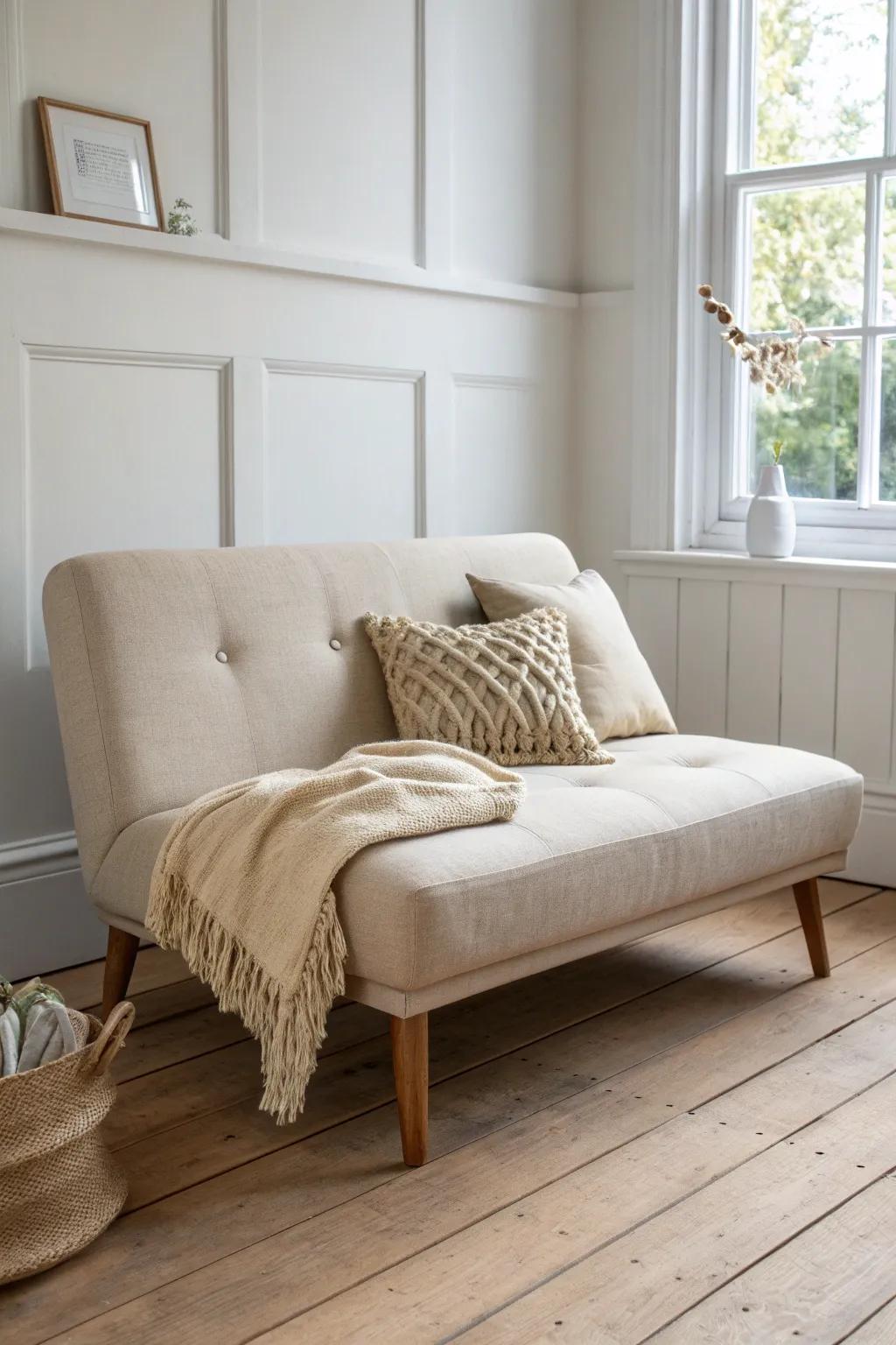 Compact futon with airy oak legs—perfect dorm hangout spot that doubles as a guest bed.