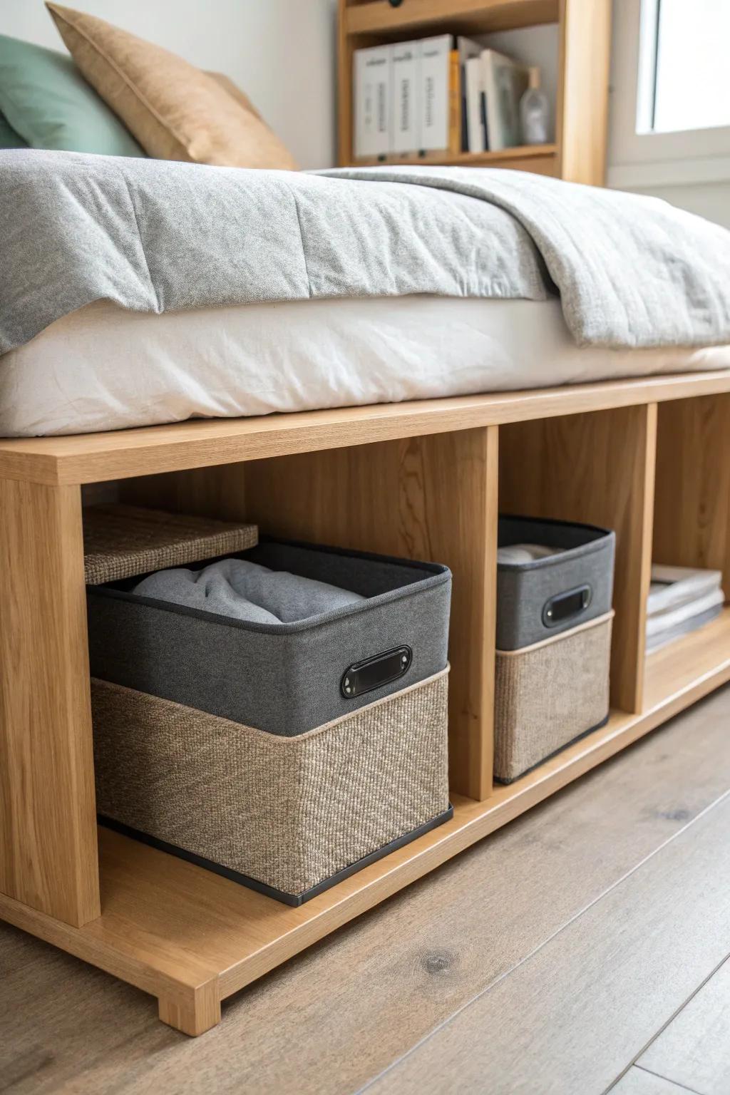 A cube organizer under a raised bed adds instant shelves—sleek, tidy storage for any dorm.