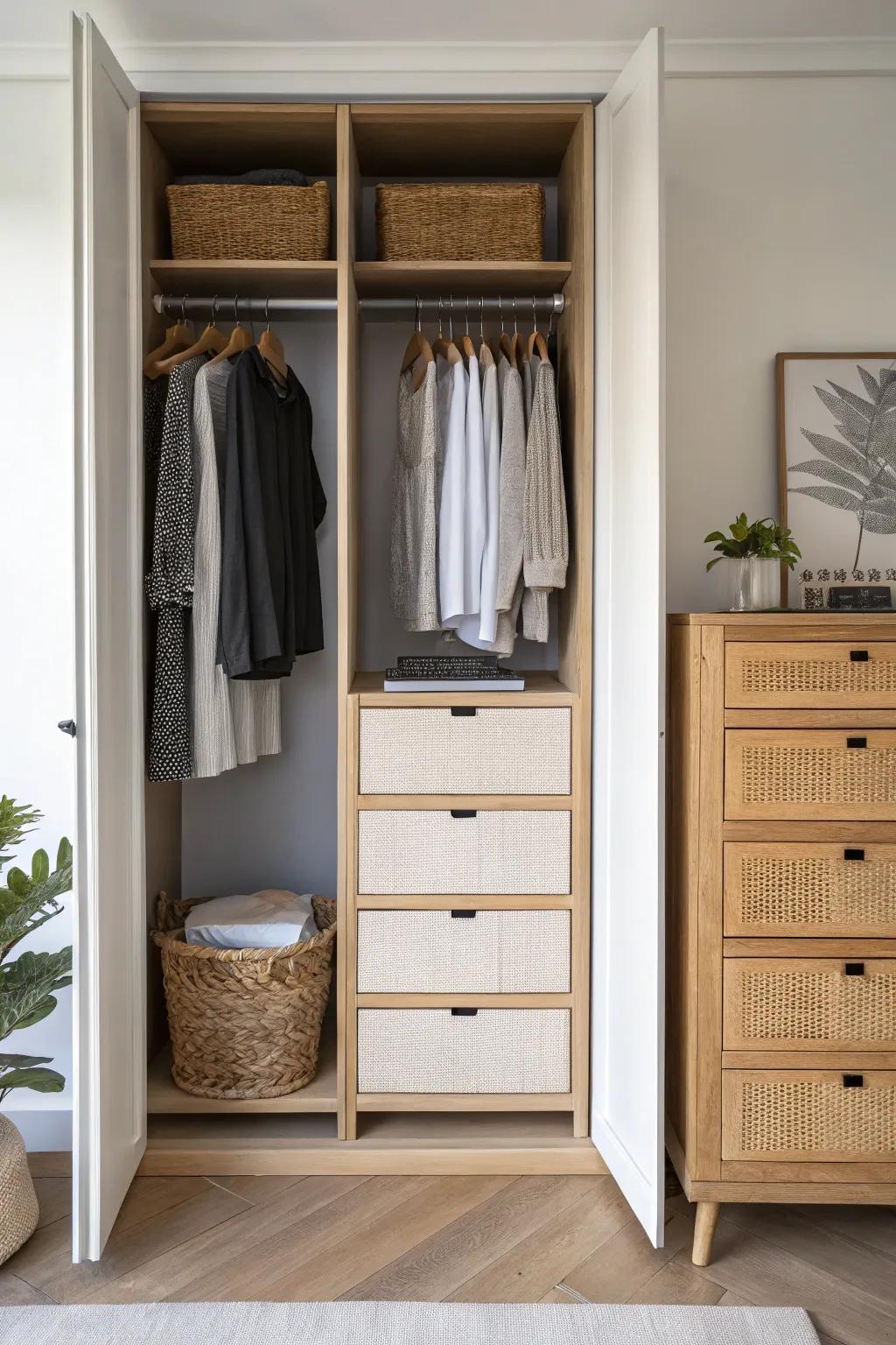 A centered drawer unit turns a double closet into a tidy, minimalist dressing station.