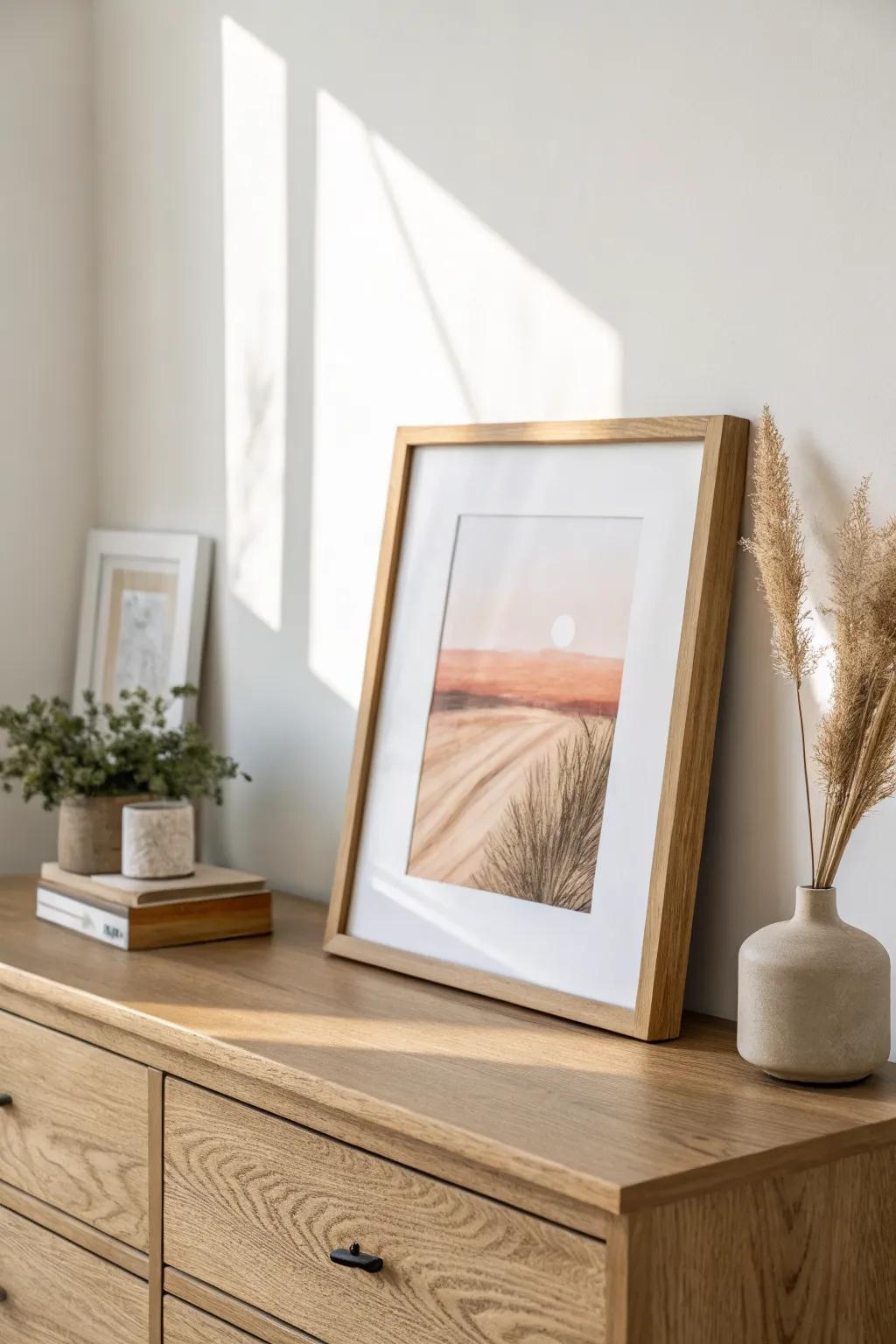 Lean a framed print on your dresser for an effortless layered look—no nails, easy to swap.