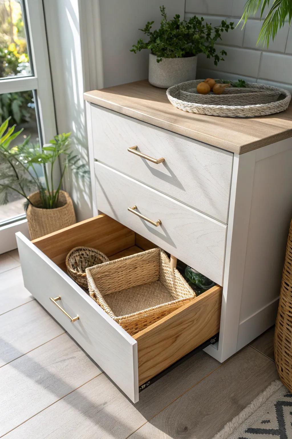 Corner drawers turn awkward angles into beautiful storage—minimal, clever, and crafted.