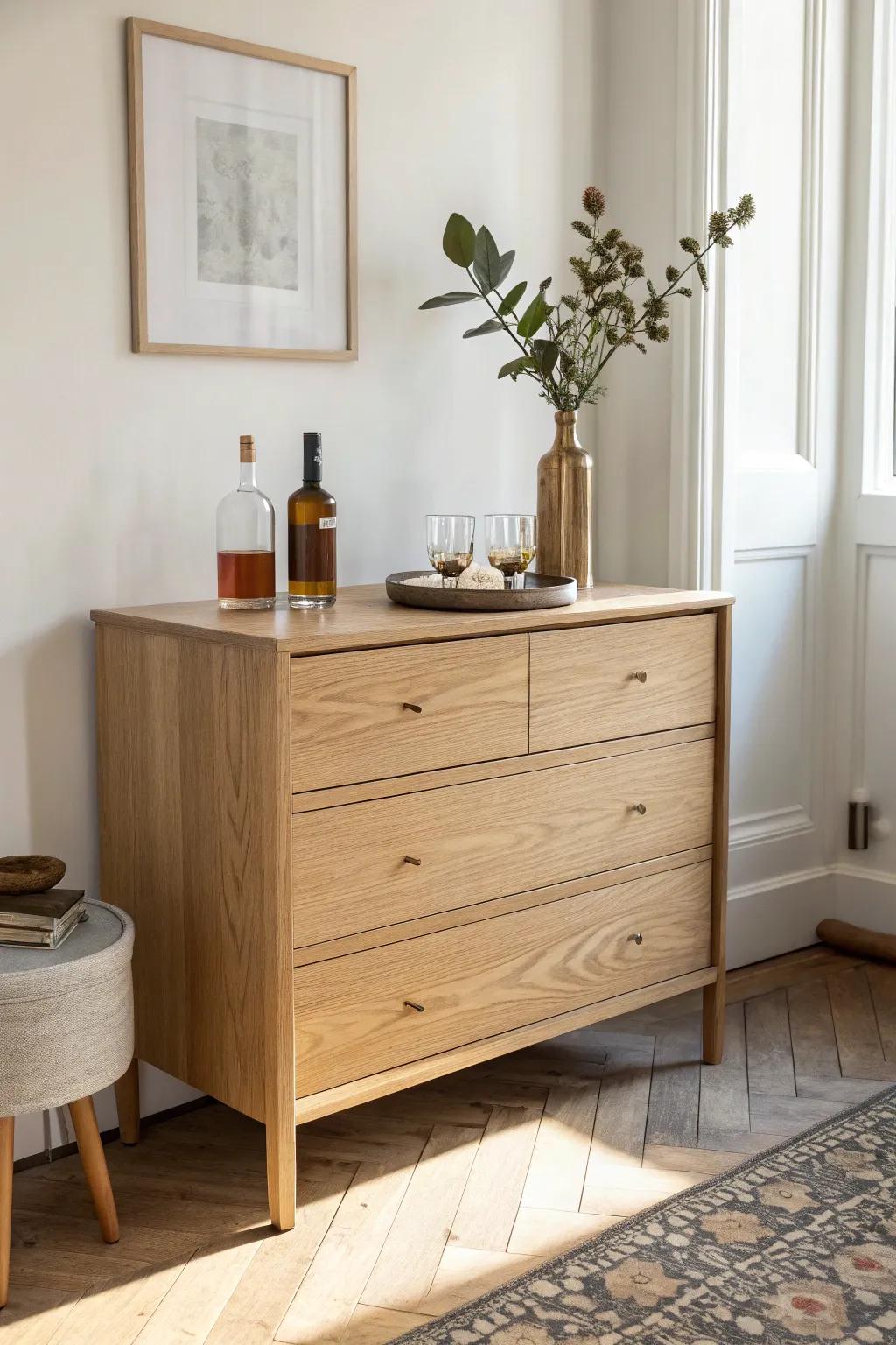 A sleek dresser bar: tray, glasses, and hidden drawers for a dust-free hosting setup.