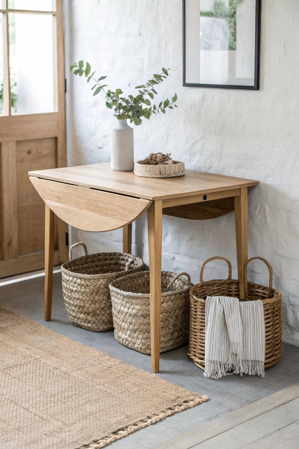 Make a drop-leaf table feel grounded: slide woven baskets underneath to hide clutter in style.