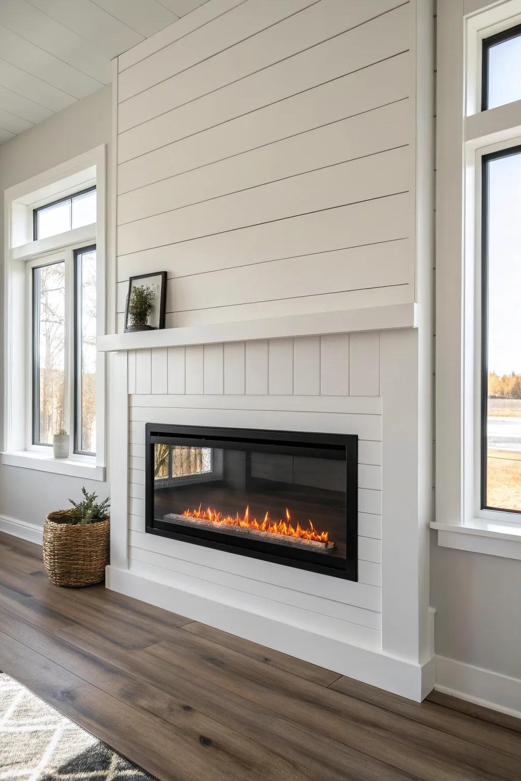 Crisp flames pop against a white shiplap accent wall—minimal, warm, and perfectly small-space.