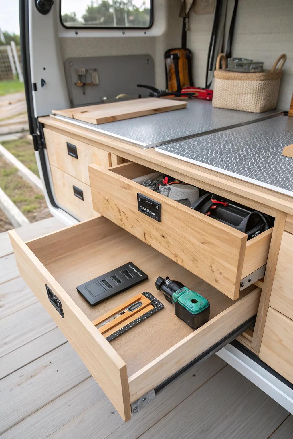 A slide-out workbench tray keeps heavy tools reachable—then tucks away cleanly for travel.