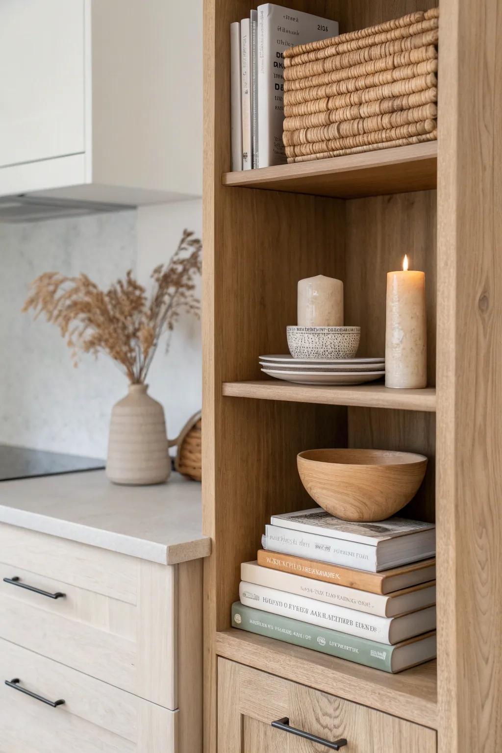 Turn a cabinet end into a chic cookbook nook—warm wood, clean lines, and a cozy styling moment.