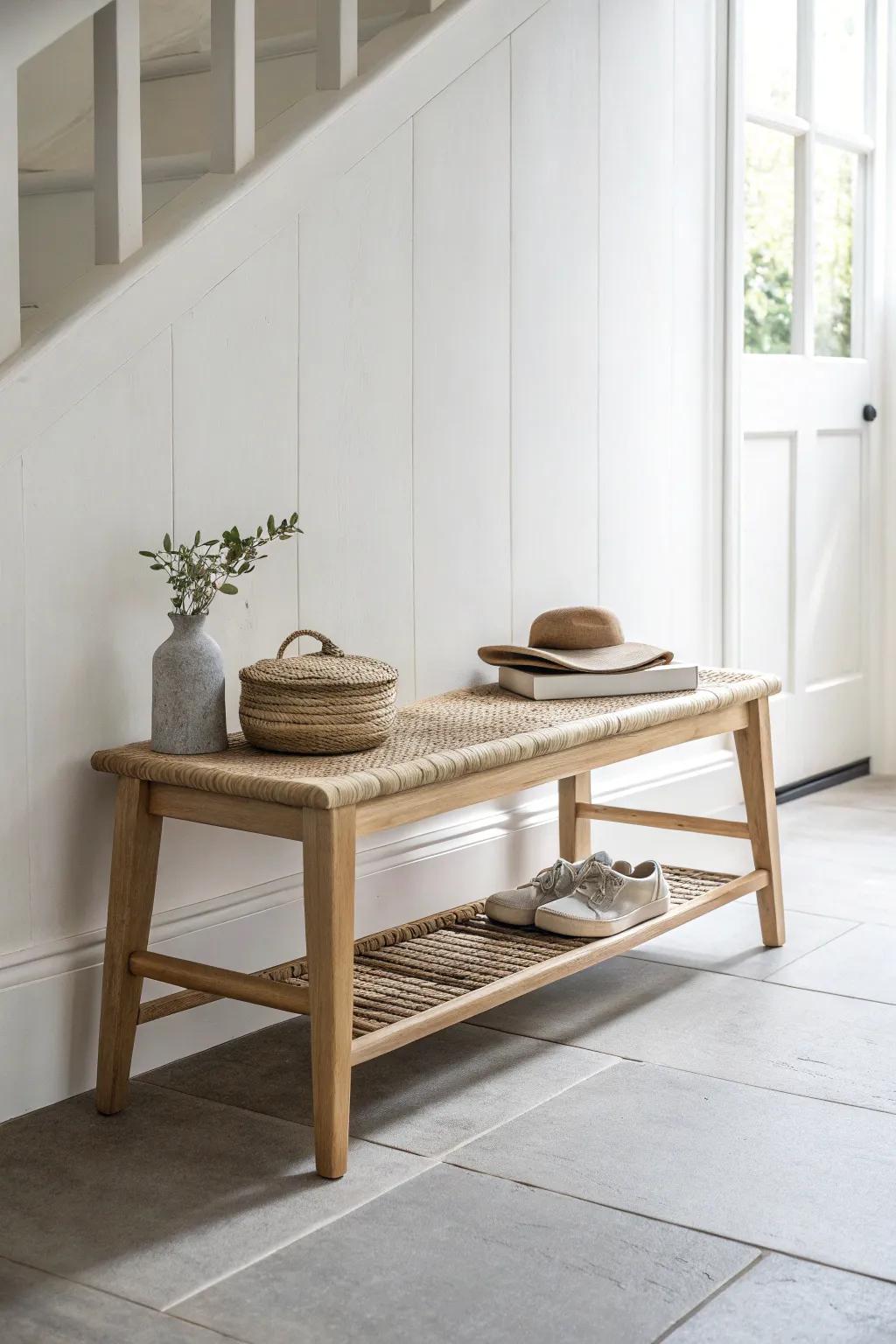 A slim shoe bench that adds seating without crowding your modern entryway.
