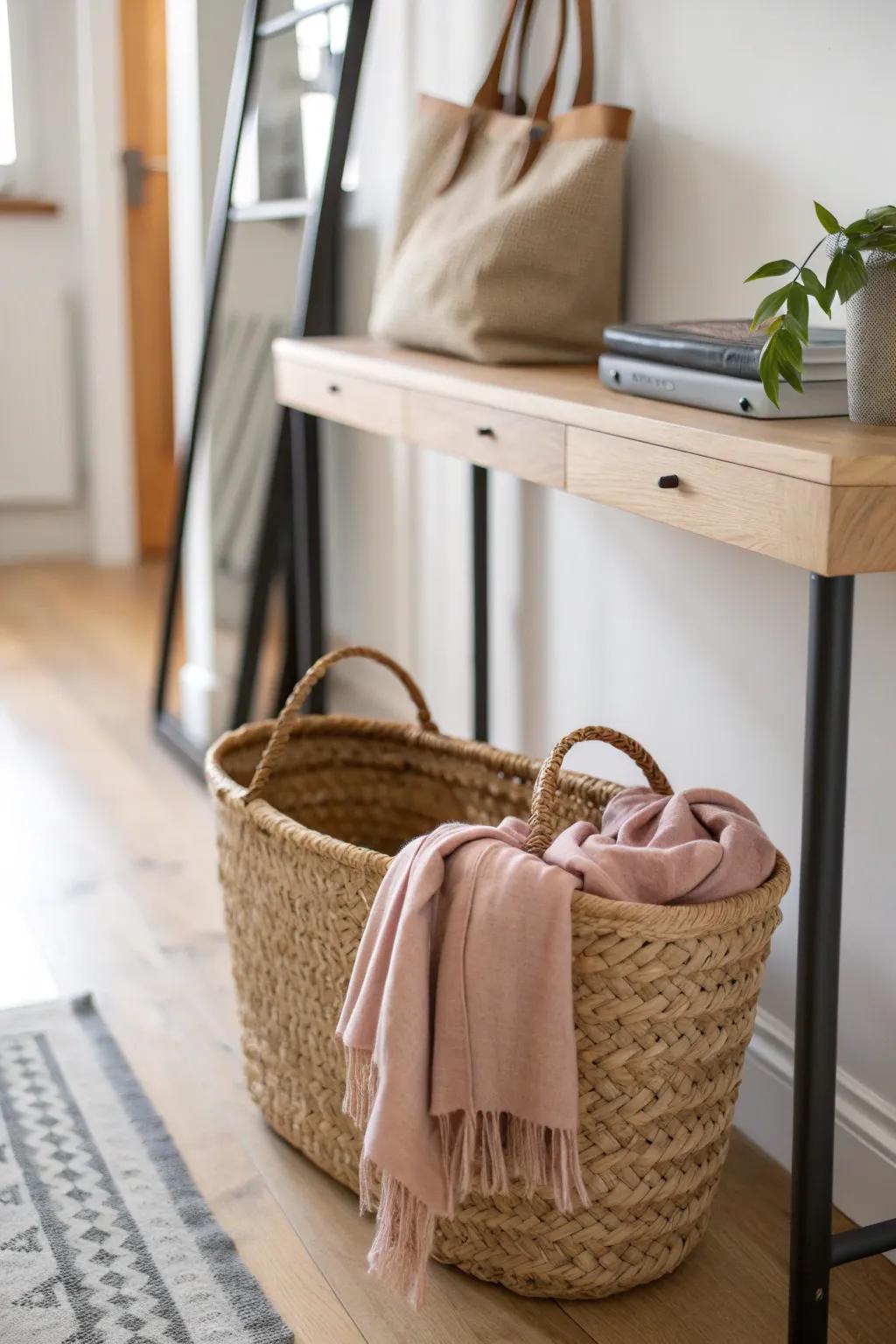 A woven basket under the console keeps scarves and leashes handy—pretty and practical.