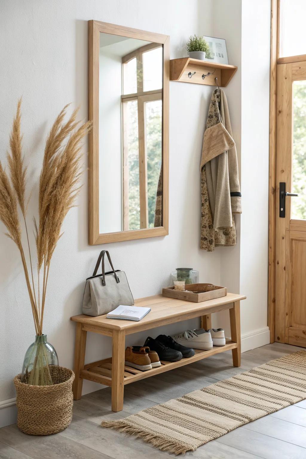 A mirror shelf above a shoe bench creates a chic mini landing strip for keys and mail.