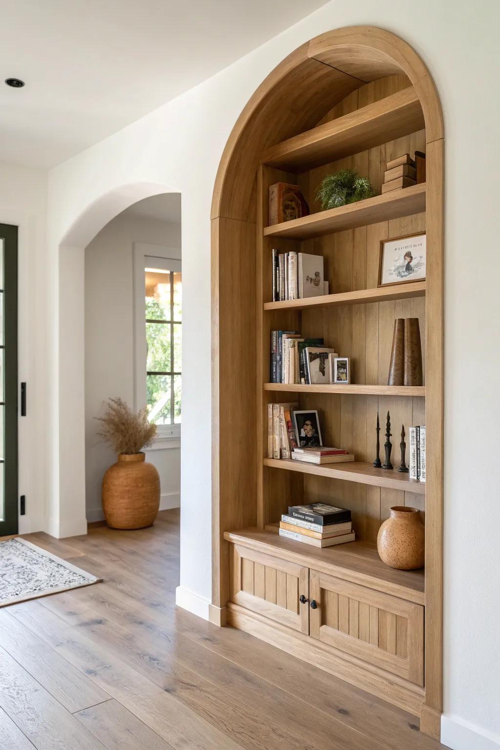Flush recessed nook shelves turn a narrow entry into calm, curated storage with warmth.