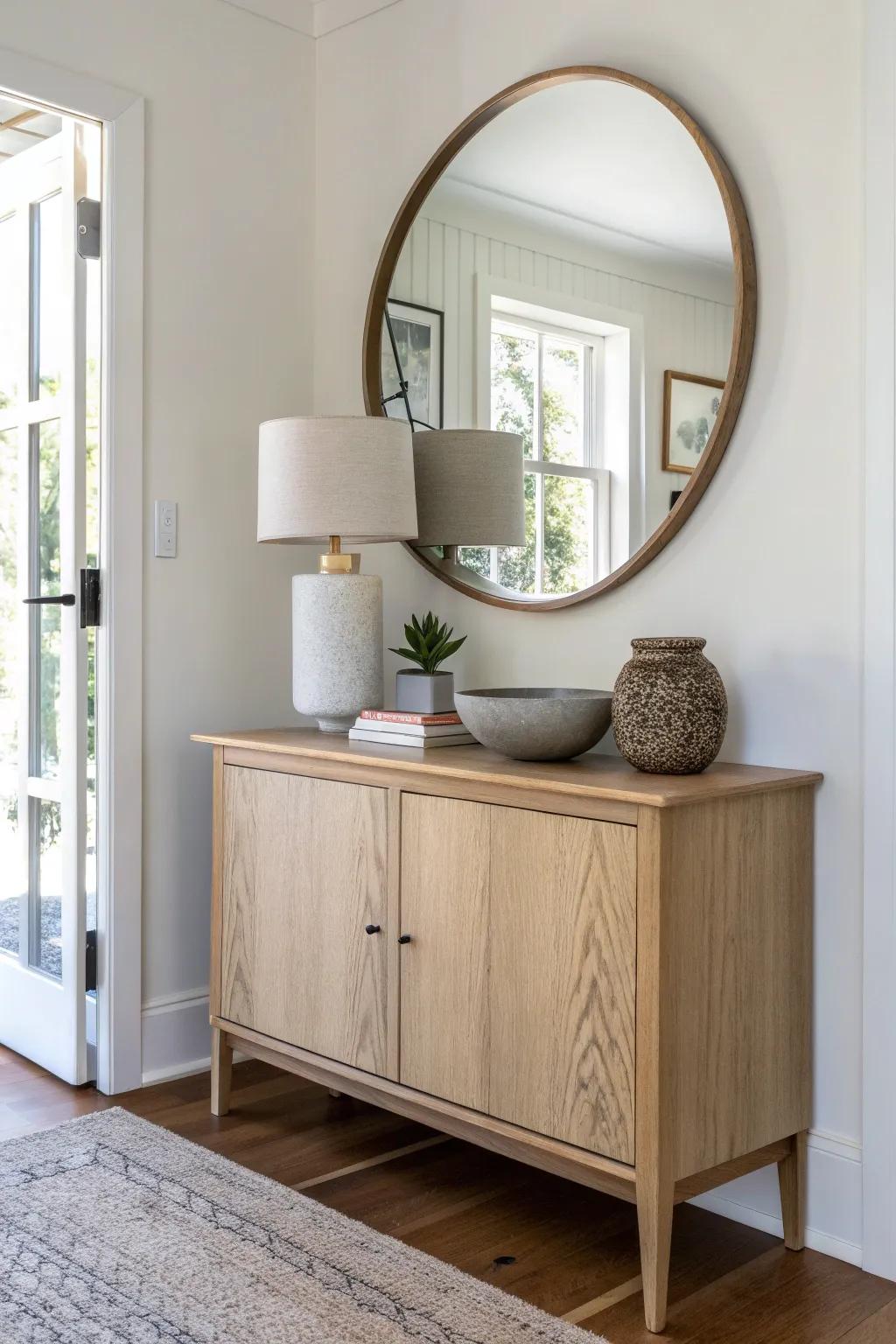 A light oak entryway cabinet with a round mirror above—bright, calm, and clutter-free.