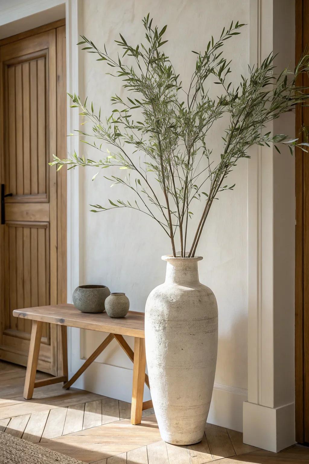 A tall vase of fresh branches instantly lifts a small entryway—minimal, airy, and alive.