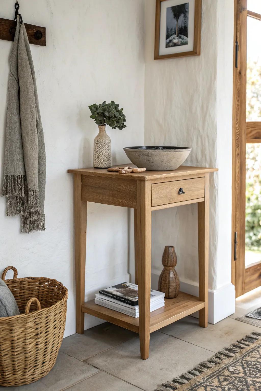 A petite corner console as a chic drop zone—tray for keys, basket below to hide clutter.